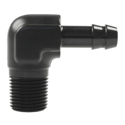 Raceworks Male NPT 3/8in to 3/8in Barb 90deg - RWF-423-06-06BK